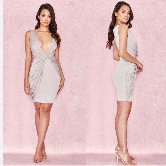 House of CB ‘Xanetia' Mink Silky Jersey Plunge Neck Dress - Picture 2 of 4